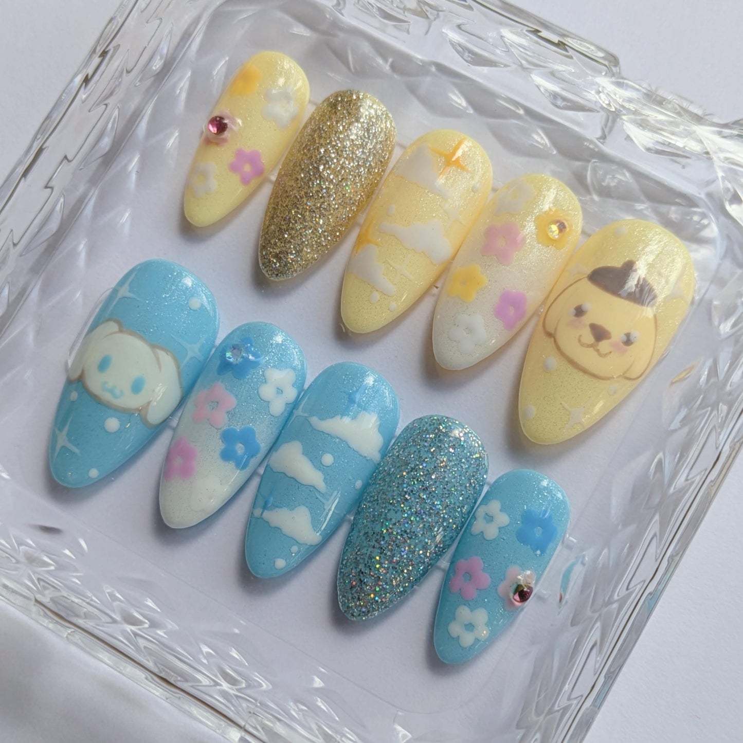 Pompompurin X Cinnamoroll Nails- Hand painted Nails, Cute nails, Kawaii Nails, Sanrio Nails, Kawaii Press on, Gel Press On Nails, Pastel