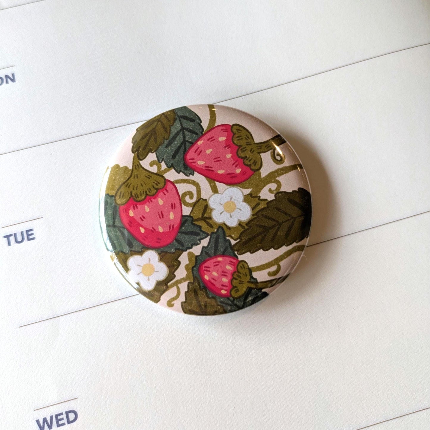 Kawaii Strawberry Button Badge- Large Button Badge, Pin Badge, Kawaii Illustration, Kawaii Badge, Strawberry Badge, Plant Badge