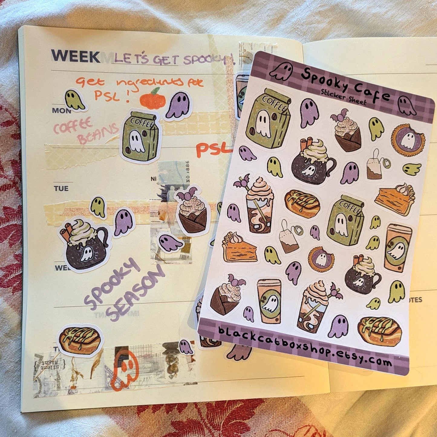 Spooky Café Sticker Sheet- Halloween stickers, Spooky Stickers, Ghost Stickers, Coffee Shop Stickers, Scrapbooking, Journaling, Kawaii