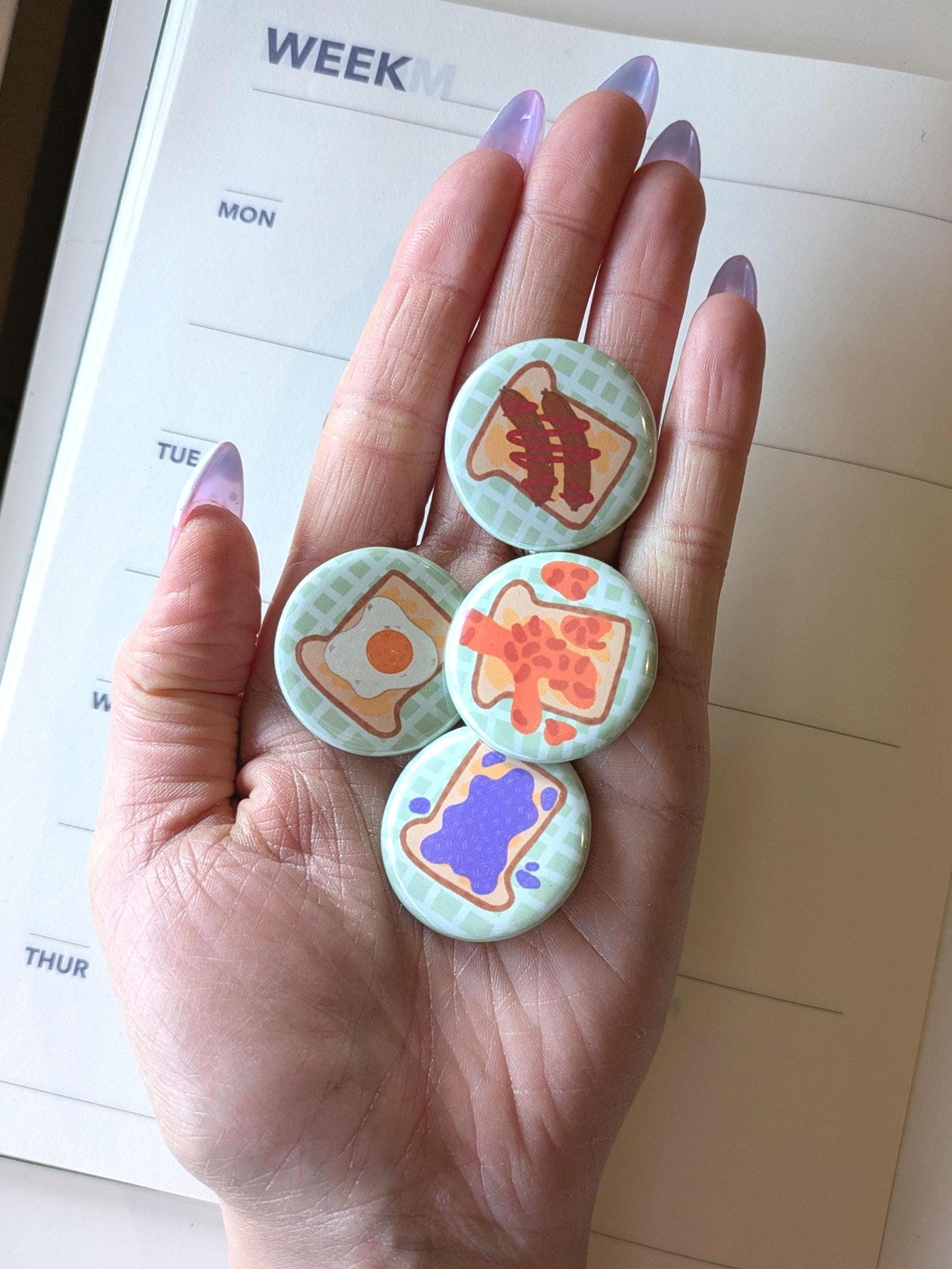 Toast Button Badges Set of 4 - Toast Badge, Beans on Toast badge, Bread Accessories, Food Pin Badge, Kawaii Food Pin Badge, Breakfast badge
