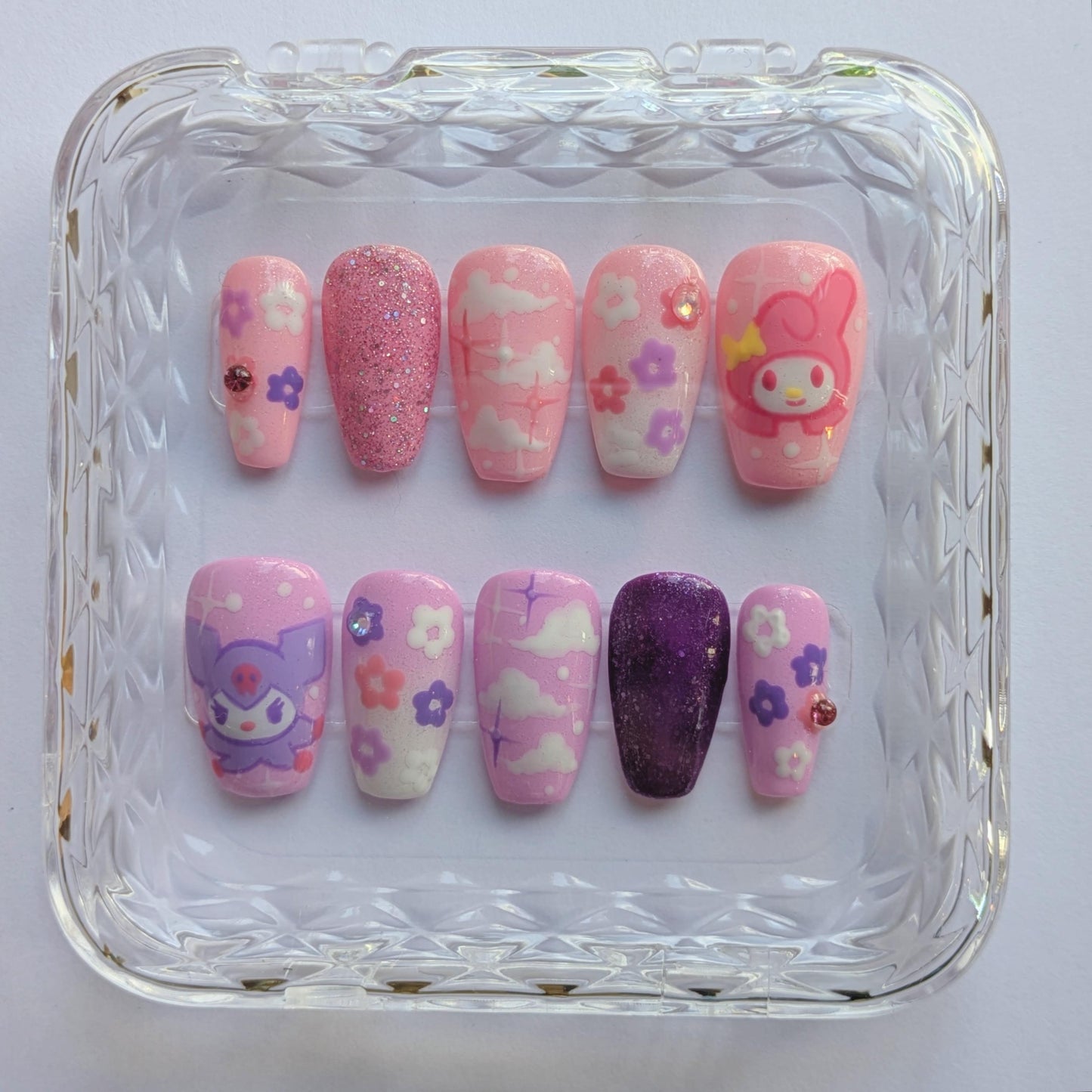 Kuromi X My Melody Press on Nails-Hand painted Nails, Cute nails, Kawaii Nails, Sanrio Nails, Kawaii Press on, Gel Press On Nails, Pastel