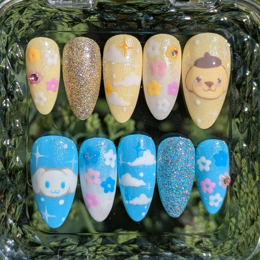 Pompompurin X Cinnamoroll Nails- Hand painted Nails, Cute nails, Kawaii Nails, Sanrio Nails, Kawaii Press on, Gel Press On Nails, Pastel