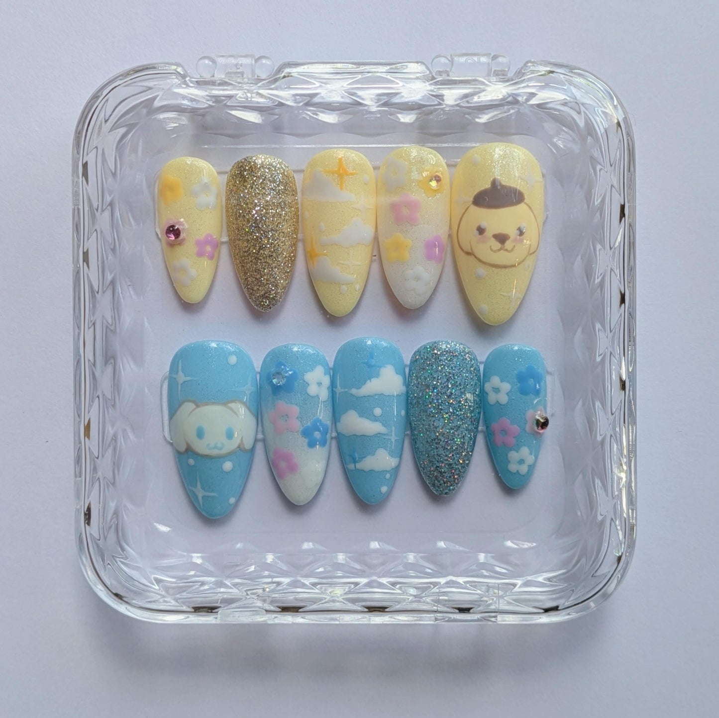 Pompompurin X Cinnamoroll Nails- Hand painted Nails, Cute nails, Kawaii Nails, Sanrio Nails, Kawaii Press on, Gel Press On Nails, Pastel