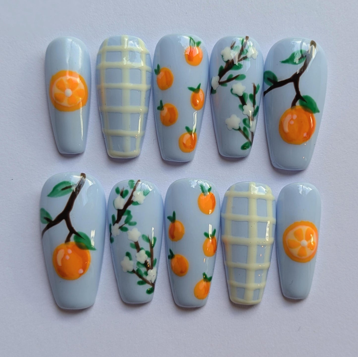 Orange Tree Press on Nails-Hand painted Nails, Cute nails, Kawaii Nails, Sanrio Nails, Kawaii Press on, Gel Press On Nails, Pastel