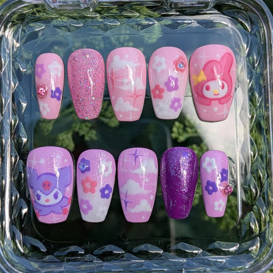 Kuromi X My Melody Press on Nails-Hand painted Nails, Cute nails, Kawaii Nails, Sanrio Nails, Kawaii Press on, Gel Press On Nails, Pastel