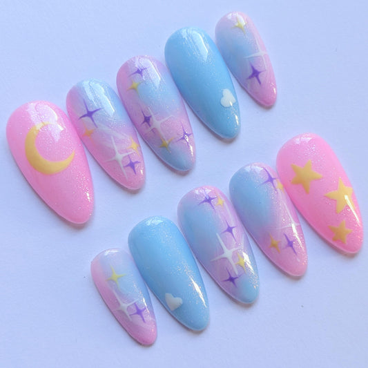 Pastel Galaxy Press on Nails-Hand painted Nails, Cute nails, Kawaii Nails, Galaxy Nails, Kawaii Press on, Gel Press On Nails, Celestial
