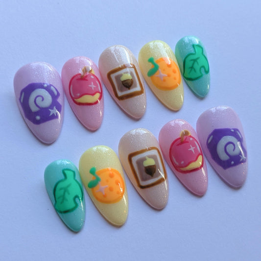 Pastel ACNH Press on Nails-Hand painted Nails, Animal Crossing, Kawaii Nails, Nintendo Gamer, Kawaii Press on, Gel Press On Nails, Pastel