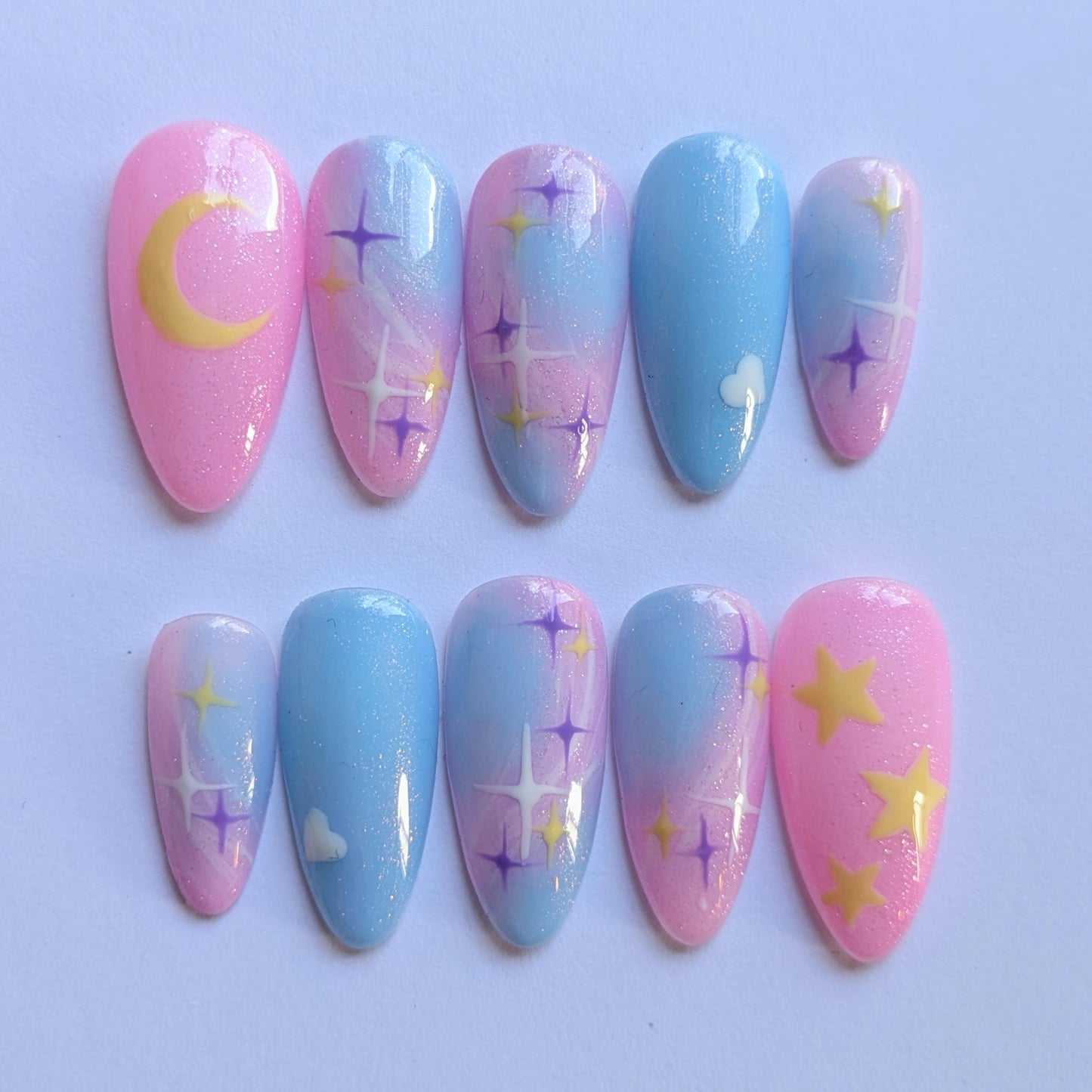 Pastel Galaxy Press on Nails-Hand painted Nails, Cute nails, Kawaii Nails, Galaxy Nails, Kawaii Press on, Gel Press On Nails, Celestial