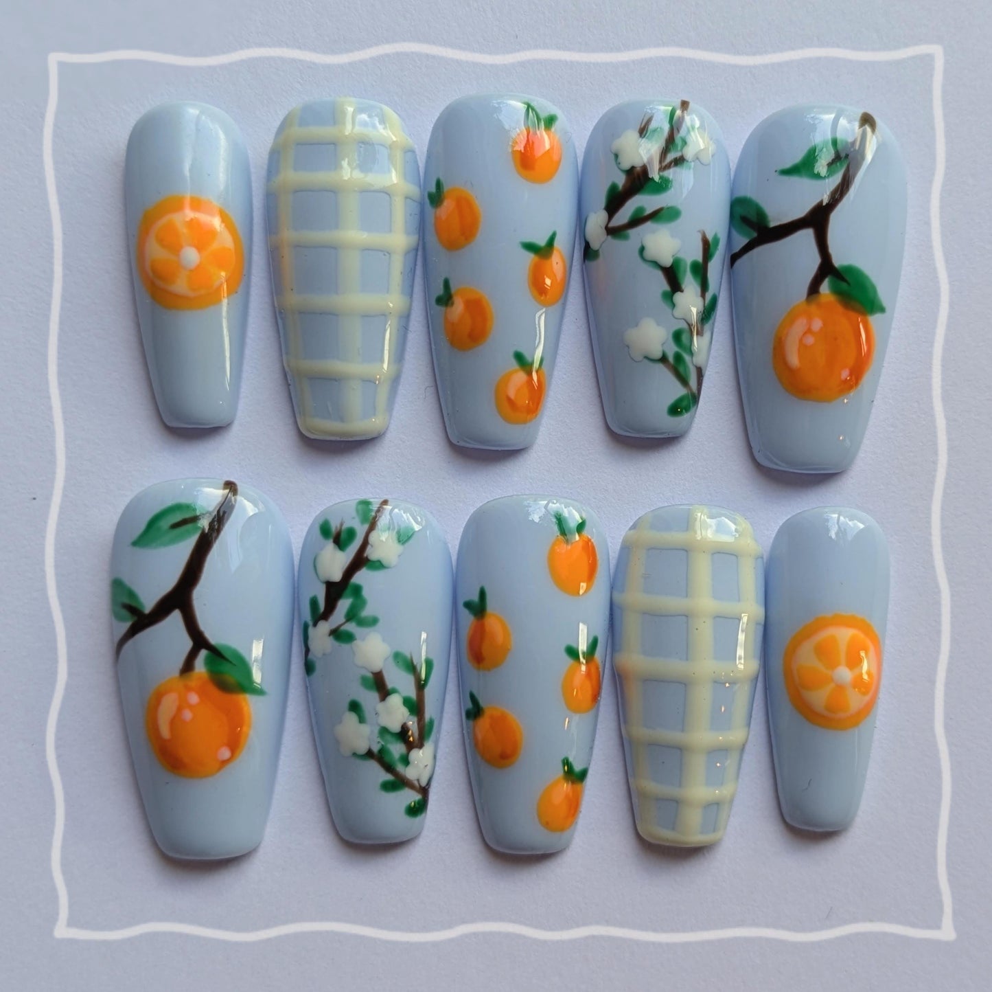 Orange Tree Press on Nails-Hand painted Nails, Cute nails, Kawaii Nails, Sanrio Nails, Kawaii Press on, Gel Press On Nails, Pastel