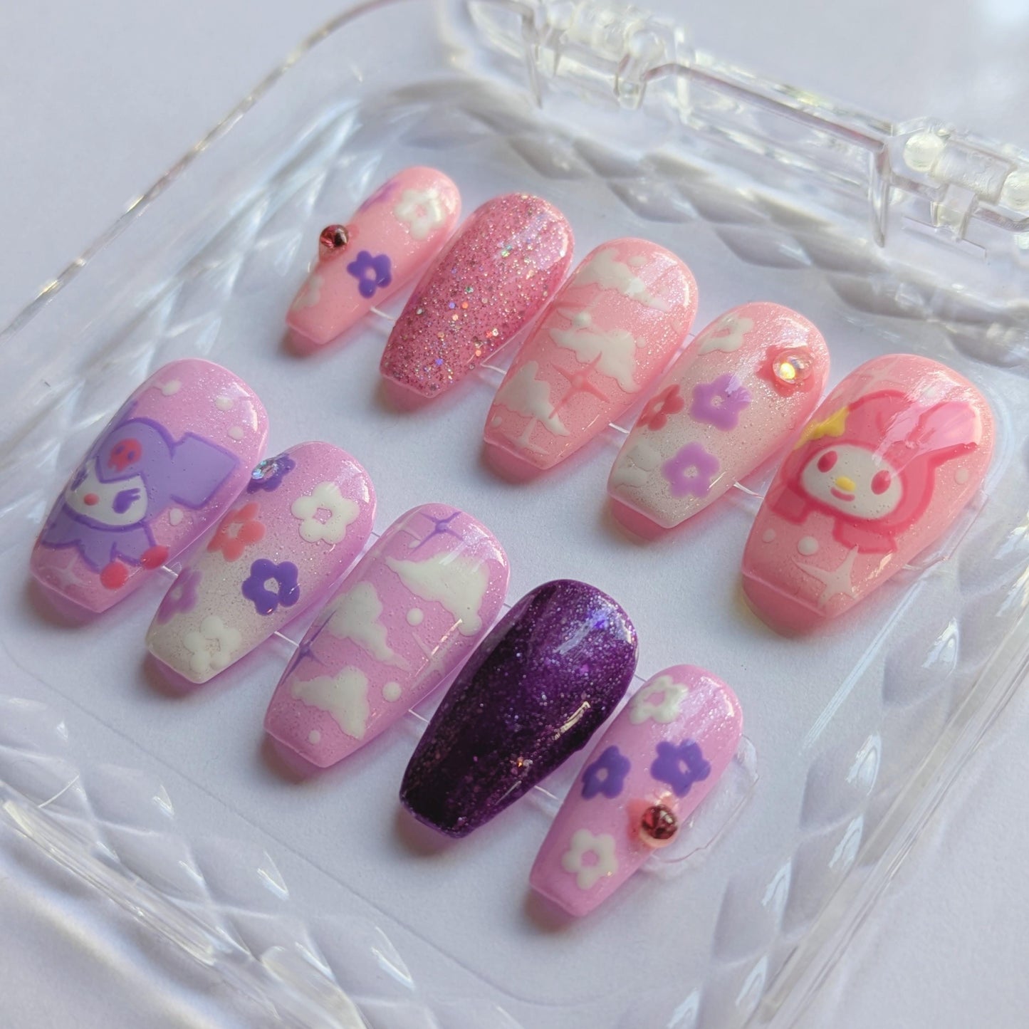 Kuromi X My Melody Press on Nails-Hand painted Nails, Cute nails, Kawaii Nails, Sanrio Nails, Kawaii Press on, Gel Press On Nails, Pastel
