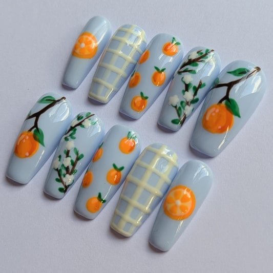 Orange Tree Press on Nails-Hand painted Nails, Cute nails, Kawaii Nails, Sanrio Nails, Kawaii Press on, Gel Press On Nails, Pastel