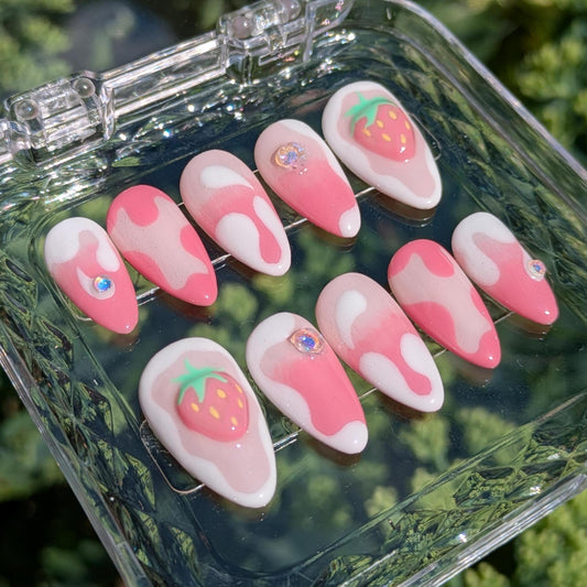 Strawberry Milkshake Press on Nails-Hand painted Nails, Cute nails, Kawaii Nails, Strawb Nails, Kawaii Press on, Gel Press On Nails, Pastel