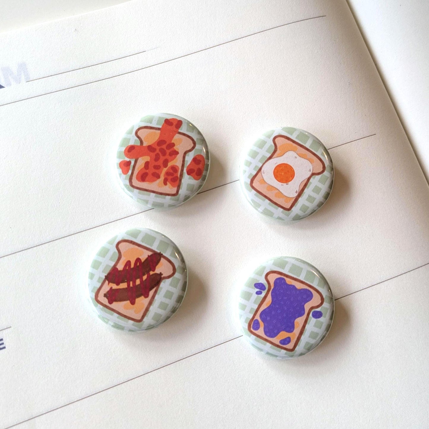 Toast Button Badges Set of 4 - Toast Badge, Beans on Toast badge, Bread Accessories, Food Pin Badge, Kawaii Food Pin Badge, Breakfast badge