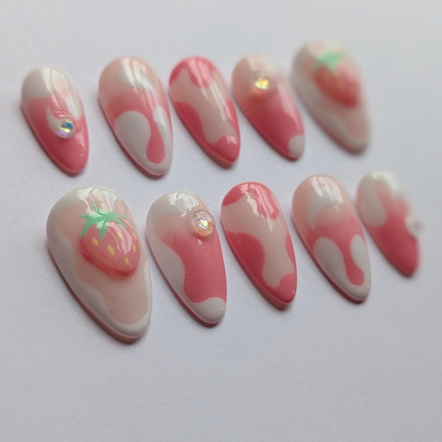 Strawberry Milkshake Press on Nails-Hand painted Nails, Cute nails, Kawaii Nails, Strawb Nails, Kawaii Press on, Gel Press On Nails, Pastel