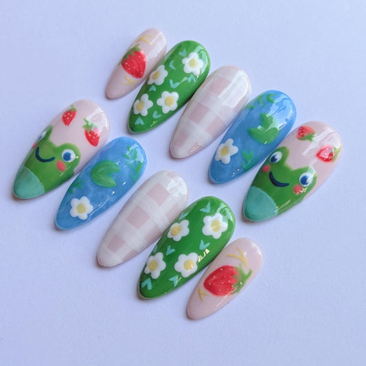 Summer Frog Press on Nails-Hand painted Nails, Cute nails, Kawaii Nails, Cottage core, Kawaii Press on, Gel Press On Nails, Pastel