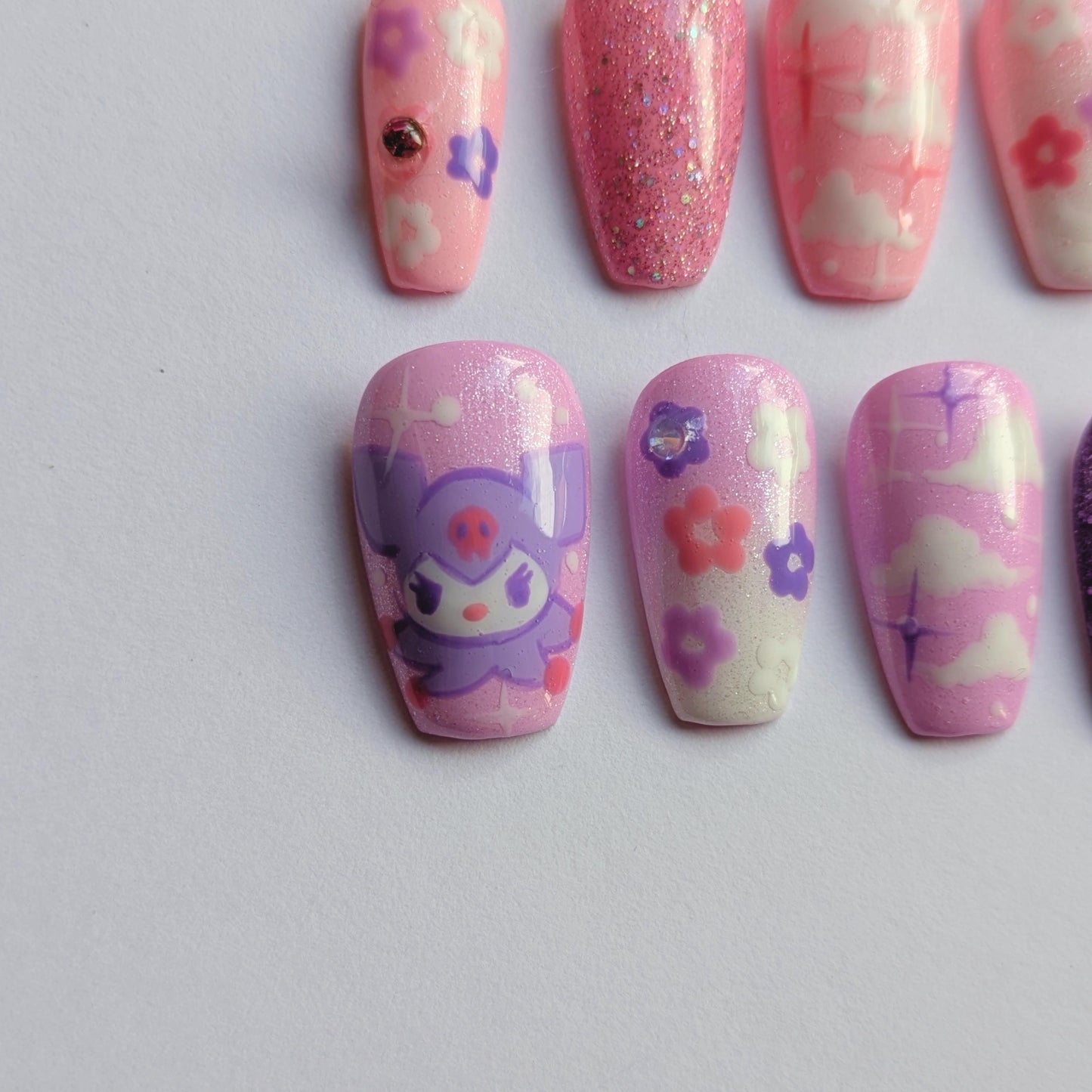 Kuromi X My Melody Press on Nails-Hand painted Nails, Cute nails, Kawaii Nails, Sanrio Nails, Kawaii Press on, Gel Press On Nails, Pastel