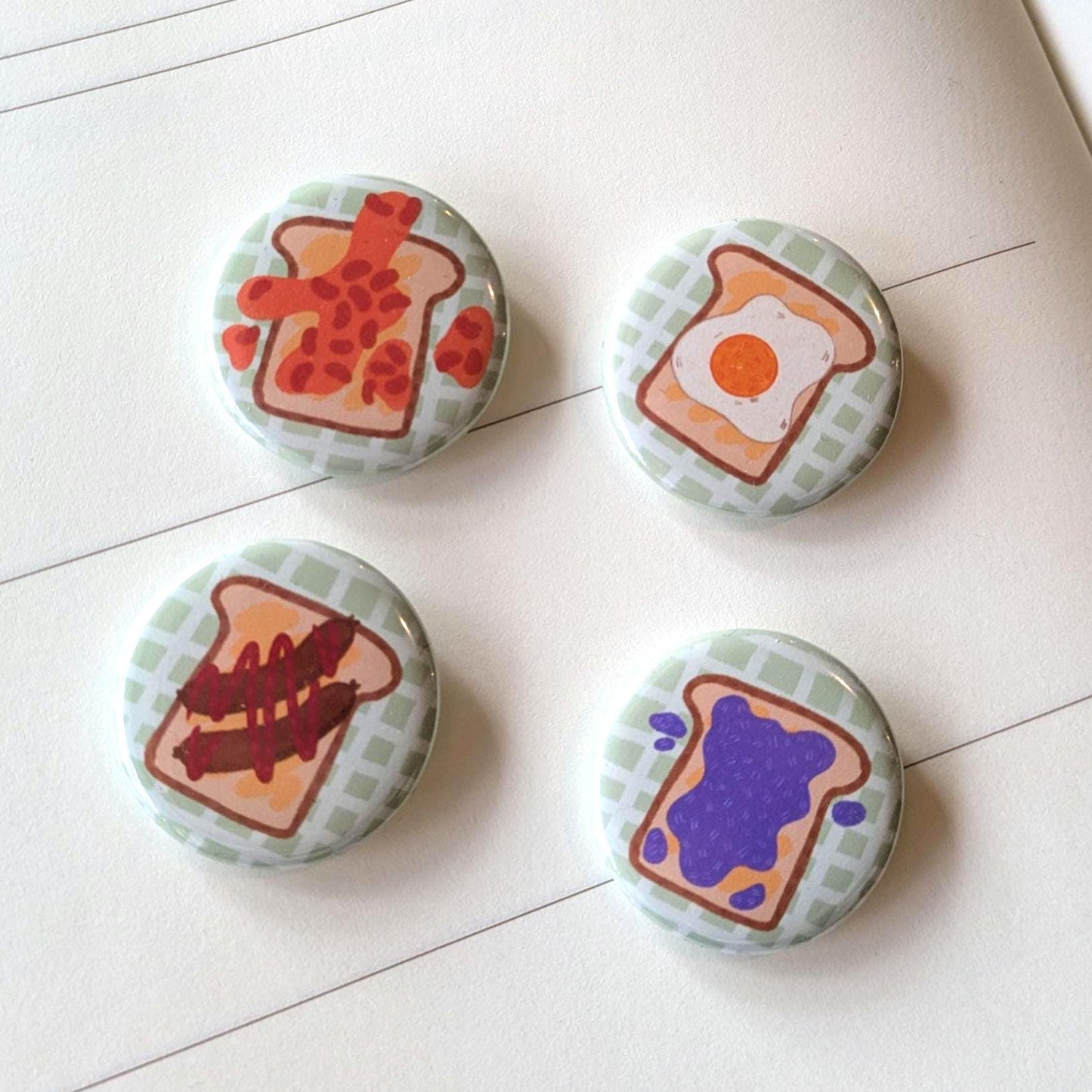 Toast Button Badges Set of 4 - Toast Badge, Beans on Toast badge, Bread Accessories, Food Pin Badge, Kawaii Food Pin Badge, Breakfast badge