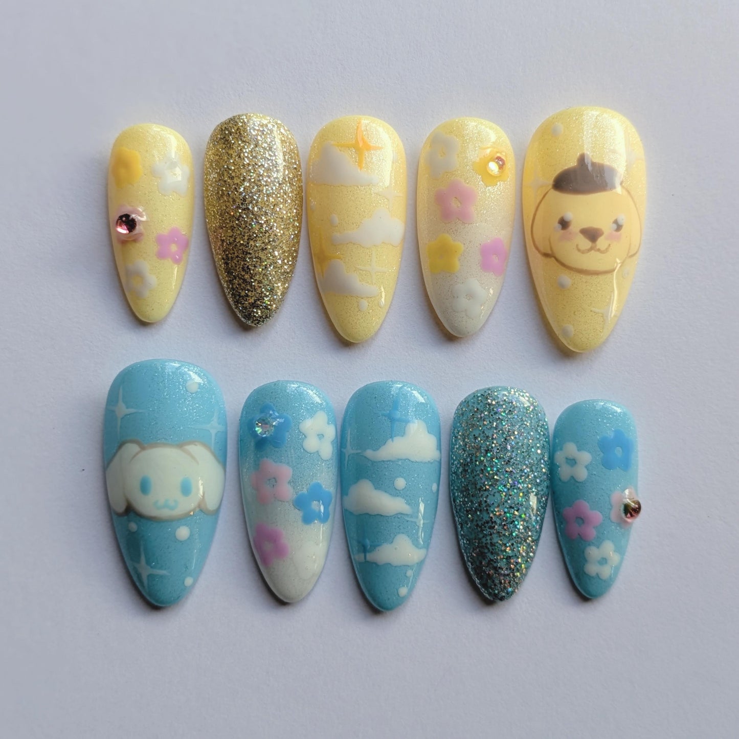 Pompompurin X Cinnamoroll Nails- Hand painted Nails, Cute nails, Kawaii Nails, Sanrio Nails, Kawaii Press on, Gel Press On Nails, Pastel