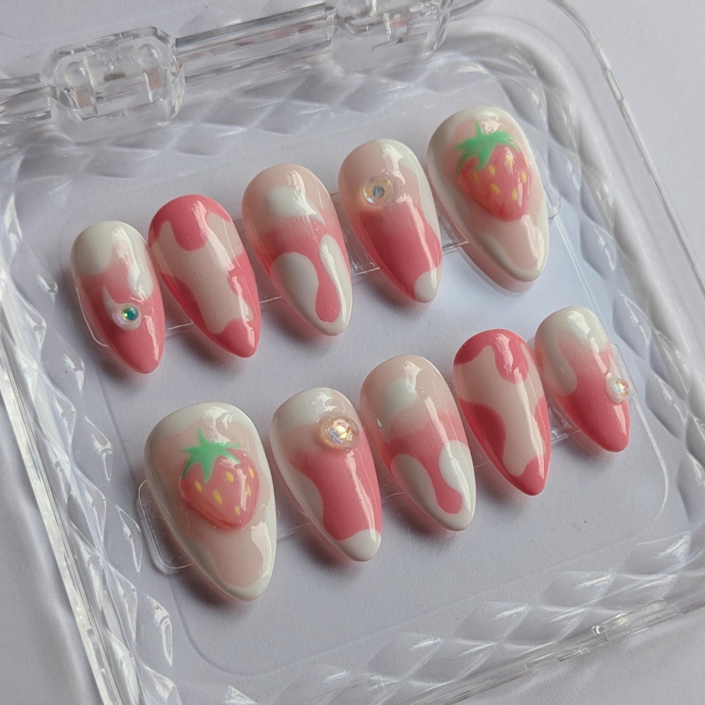 Strawberry Milkshake Press on Nails-Hand painted Nails, Cute nails, Kawaii Nails, Strawb Nails, Kawaii Press on, Gel Press On Nails, Pastel