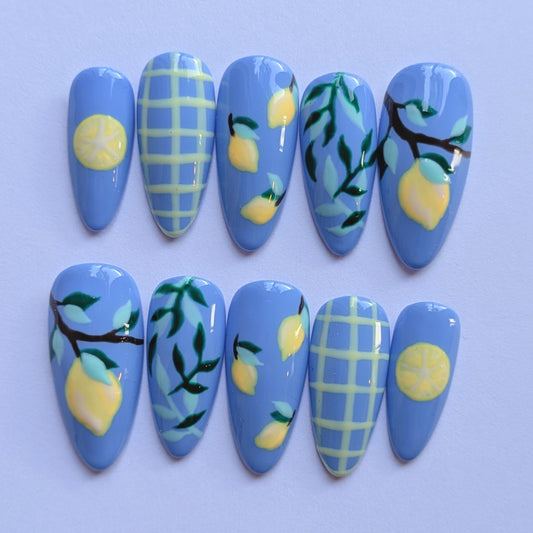 Lemon Tree Press on Nails-Hand painted Nails, Cute nails, Kawaii Nails, Sanrio Nails, Kawaii Press on, Gel Press On Nails, Pastel