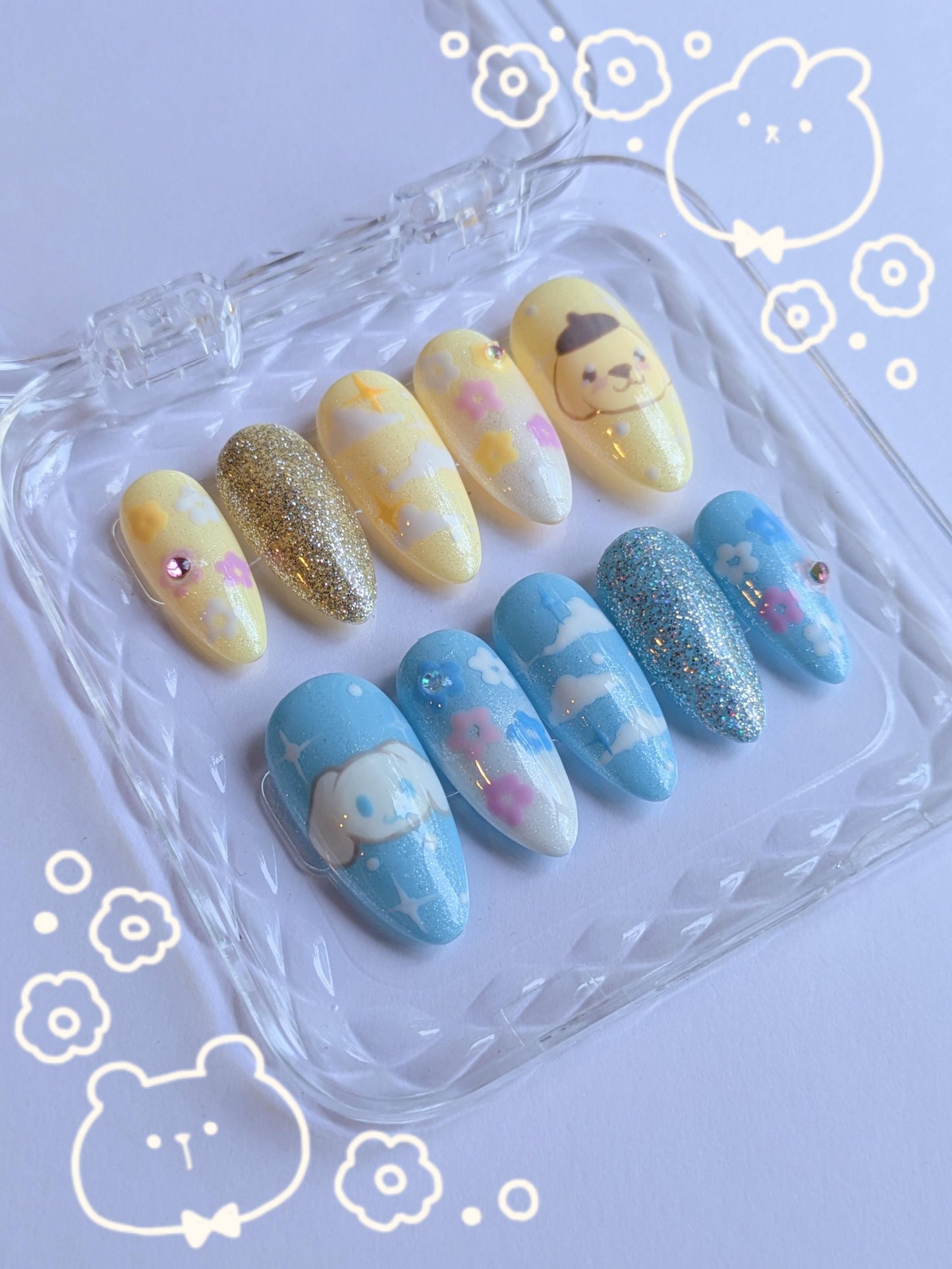 Pompompurin X Cinnamoroll Nails- Hand painted Nails, Cute nails, Kawaii Nails, Sanrio Nails, Kawaii Press on, Gel Press On Nails, Pastel