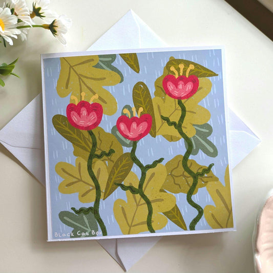 Floral Greetings Card- February Card, Flower Illustration, Cottage core Card, Kawaii Card, Birthday Card, Blank Card