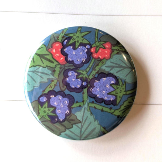 Black Berry Button Badge- Hedgerow illustration, Kawaii Badge, Cottage core Badge, Bag Accessories, Backpack Accessories, Pin Badge