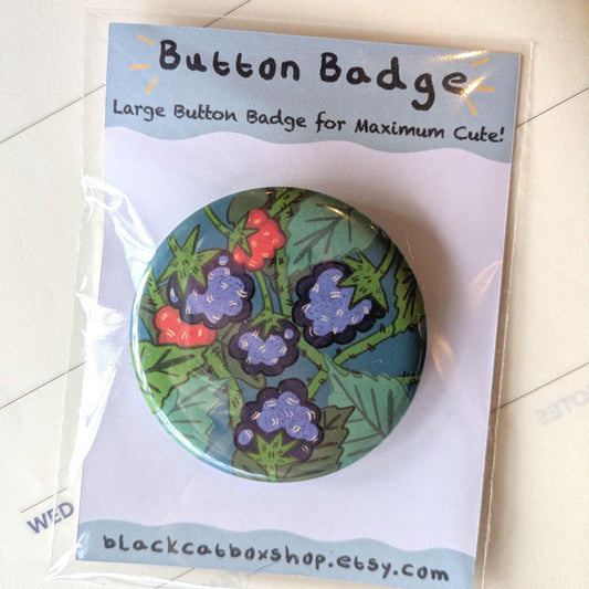 Black Berry Button Badge- Hedgerow illustration, Kawaii Badge, Cottage core Badge, Bag Accessories, Backpack Accessories, Pin Badge