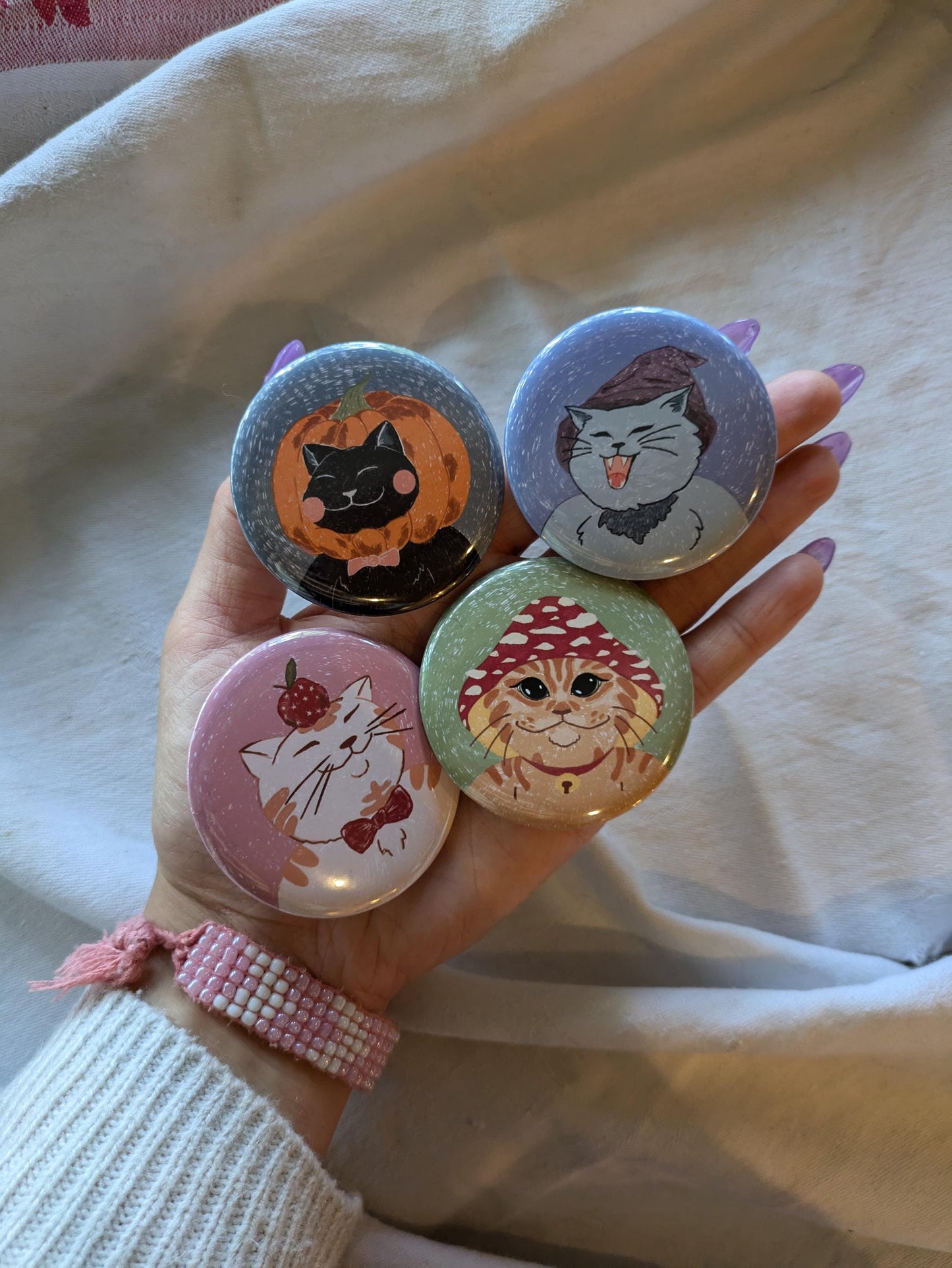 Spooky Kitty Button Badges- Large Badge, Cute Button Badge, Spooky Season, Halloween Badge, Halloween Pin, Kawaii Button Badge