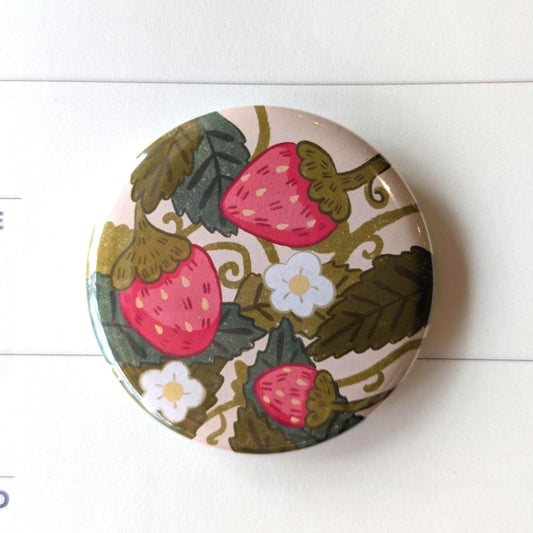 Kawaii Strawberry Button Badge- Large Button Badge, Pin Badge, Kawaii Illustration, Kawaii Badge, Strawberry Badge, Plant Badge