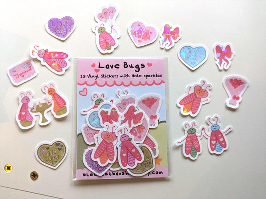 Love Bugs Vinyl Sticker Pack- Waterproof Stickers, Valentines Stickers, Galentines, Palentines, LGBTQ Valentines, Kawaii Stickers