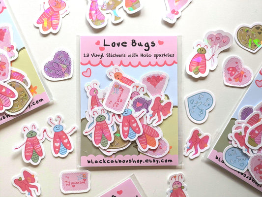 Love Bugs Vinyl Sticker Pack- Waterproof Stickers, Valentines Stickers, Galentines, Palentines, LGBTQ Valentines, Kawaii Stickers