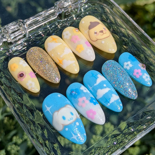Pompompurin X Cinnamoroll Nails- Hand painted Nails, Cute nails, Kawaii Nails, Sanrio Nails, Kawaii Press on, Gel Press On Nails, Pastel
