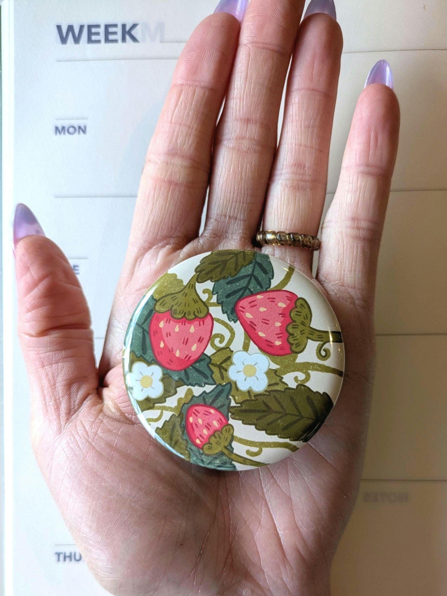 Kawaii Strawberry Button Badge- Large Button Badge, Pin Badge, Kawaii Illustration, Kawaii Badge, Strawberry Badge, Plant Badge