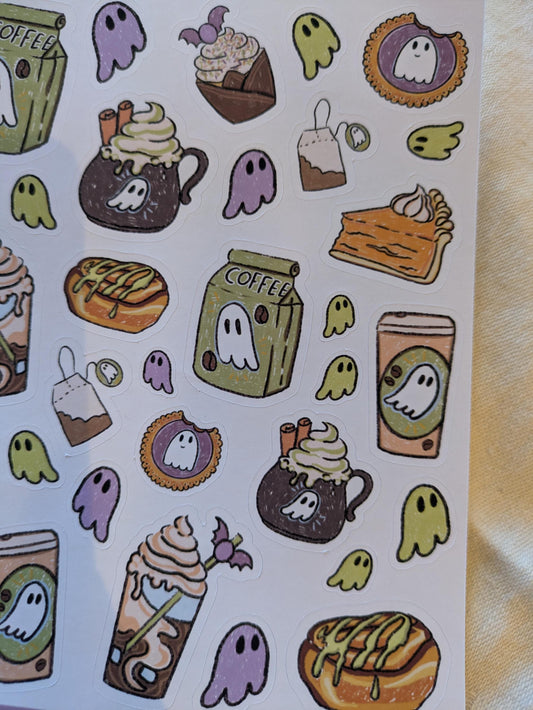 Spooky Café Sticker Sheet- Halloween stickers, Spooky Stickers, Ghost Stickers, Coffee Shop Stickers, Scrapbooking, Journaling, Kawaii