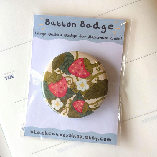 Kawaii Strawberry Button Badge- Large Button Badge, Pin Badge, Kawaii Illustration, Kawaii Badge, Strawberry Badge, Plant Badge