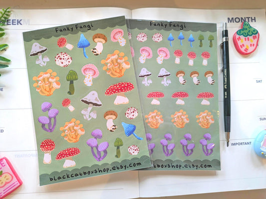 Funky Fungi Sticker Sheets- Mushroom Sticker Sheet, Fungi Stickers, Forest Stickers, Toadstool Stickers, Kawaii Stickers, Journal Stickers