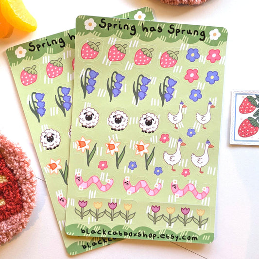 Spring Has Sprung Sticker Sheet- Spring Stickers, Floral Stickers, Gardening Stickers, Worm Stickers, Duck Stickers, Strawberry Stickers