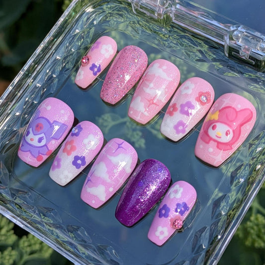 Kuromi X My Melody Press on Nails-Hand painted Nails, Cute nails, Kawaii Nails, Sanrio Nails, Kawaii Press on, Gel Press On Nails, Pastel