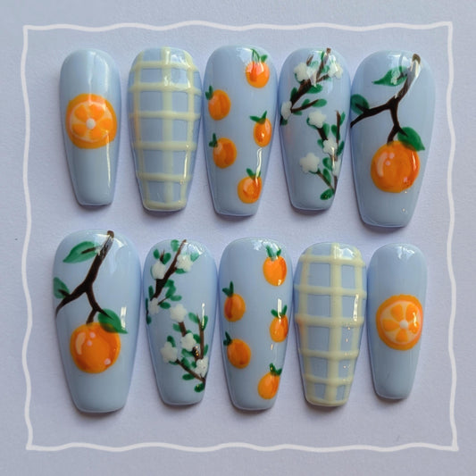 Orange Tree Press on Nails-Hand painted Nails, Cute nails, Kawaii Nails, Sanrio Nails, Kawaii Press on, Gel Press On Nails, Pastel