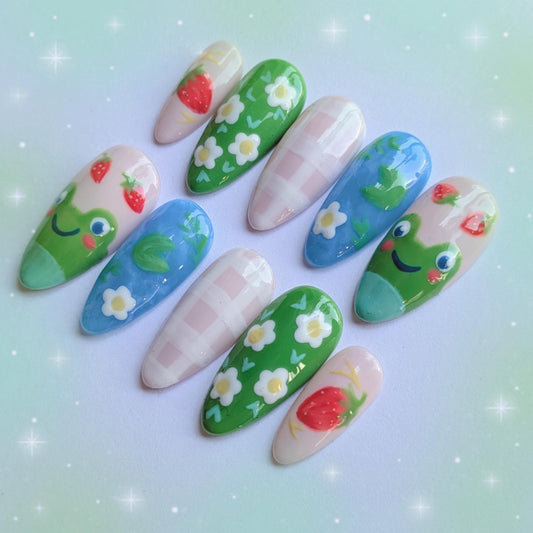 Summer Frog Press on Nails-Hand painted Nails, Cute nails, Kawaii Nails, Cottage core, Kawaii Press on, Gel Press On Nails, Pastel