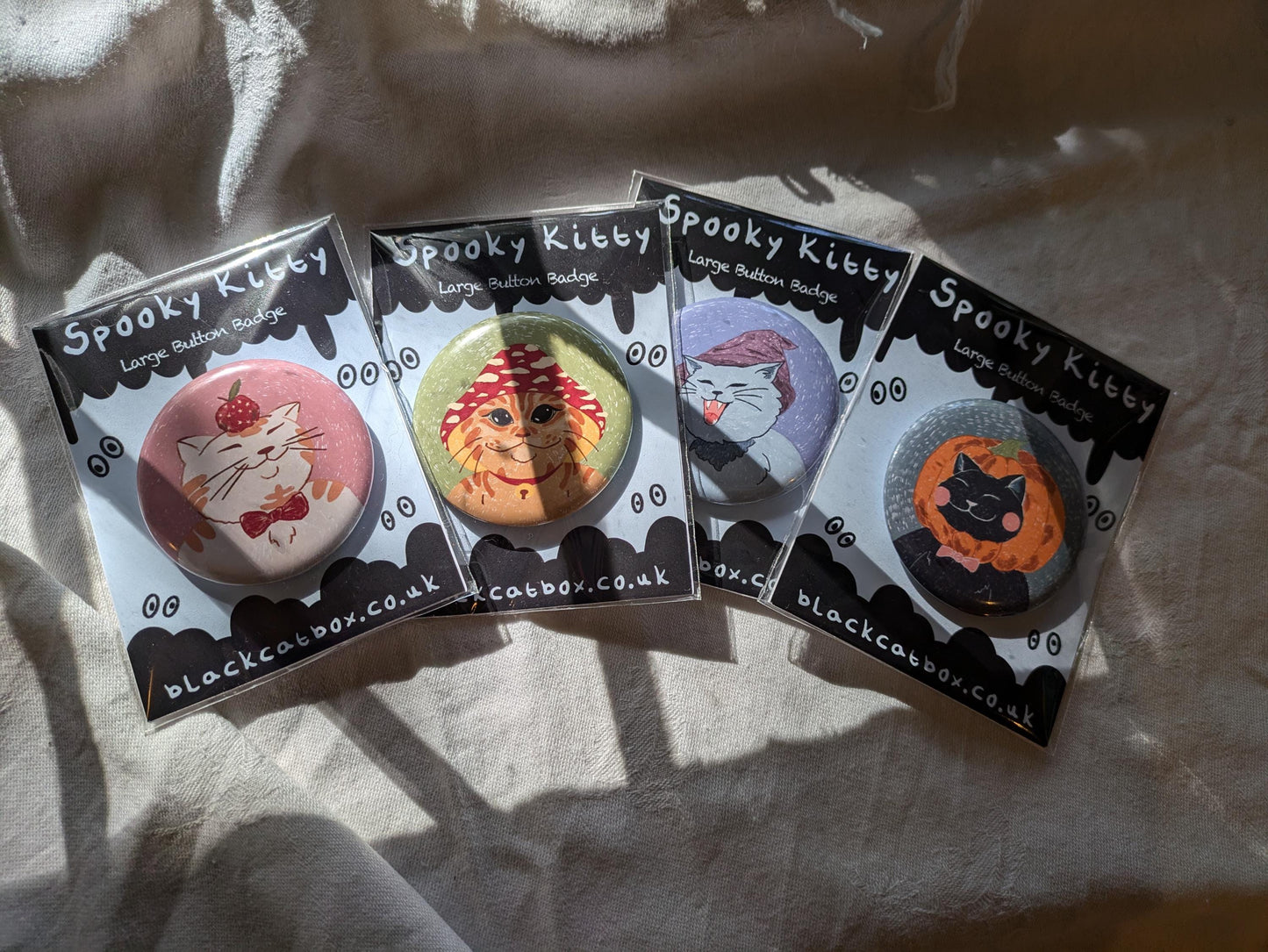 Spooky Kitty Button Badges- Large Badge, Cute Button Badge, Spooky Season, Halloween Badge, Halloween Pin, Kawaii Button Badge