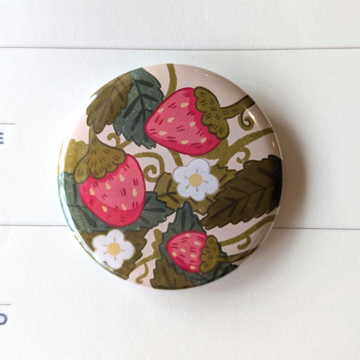 Kawaii Strawberry Button Badge- Large Button Badge, Pin Badge, Kawaii Illustration, Kawaii Badge, Strawberry Badge, Plant Badge