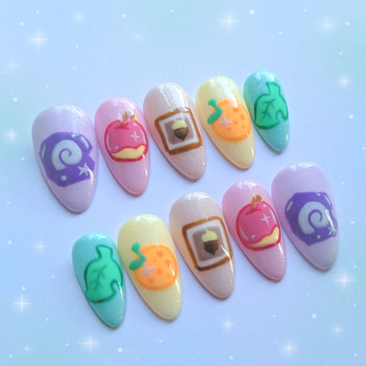 Pastel ACNH Press on Nails-Hand painted Nails, Animal Crossing, Kawaii Nails, Nintendo Gamer, Kawaii Press on, Gel Press On Nails, Pastel