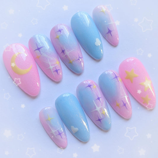 Pastel Galaxy Press on Nails-Hand painted Nails, Cute nails, Kawaii Nails, Galaxy Nails, Kawaii Press on, Gel Press On Nails, Celestial