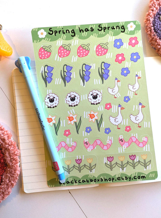 Spring Has Sprung Sticker Sheet- Spring Stickers, Floral Stickers, Gardening Stickers, Worm Stickers, Duck Stickers, Strawberry Stickers