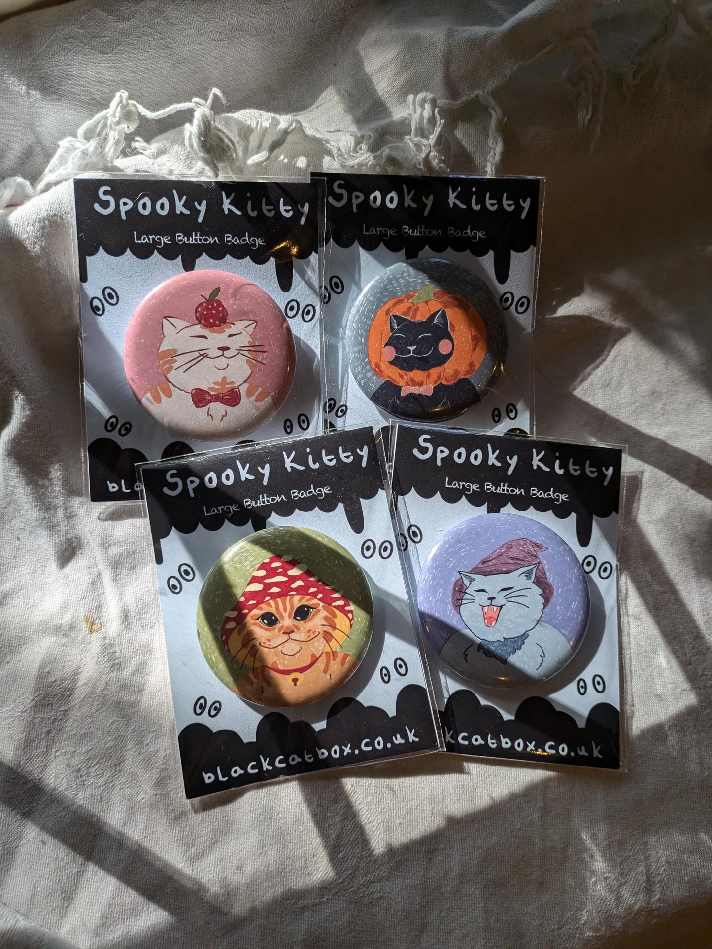 Spooky Kitty Button Badges- Large Badge, Cute Button Badge, Spooky Season, Halloween Badge, Halloween Pin, Kawaii Button Badge